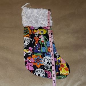 Gothic 17" Halloween Holiday Stocking Day of Dead & Flowers w White Fur Trim
